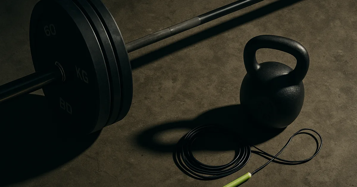 Barre olympique, kettlebell et corde à sauter · équipement d'entraînement cross-training