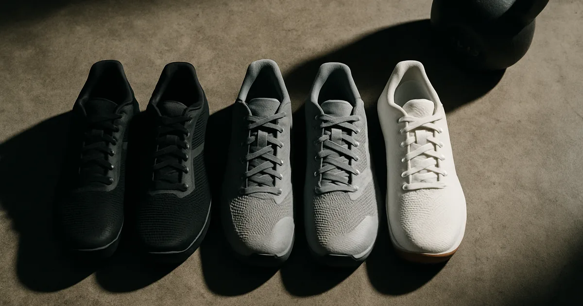 Trois paires de chaussures cross-training alignées sur sol béton brut