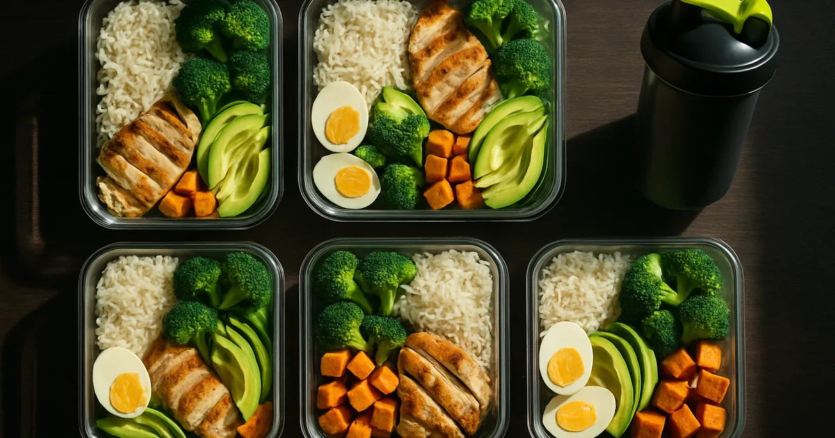 Meal-prep pratiquant : 5 bols protéines, glucides, légumes alignés