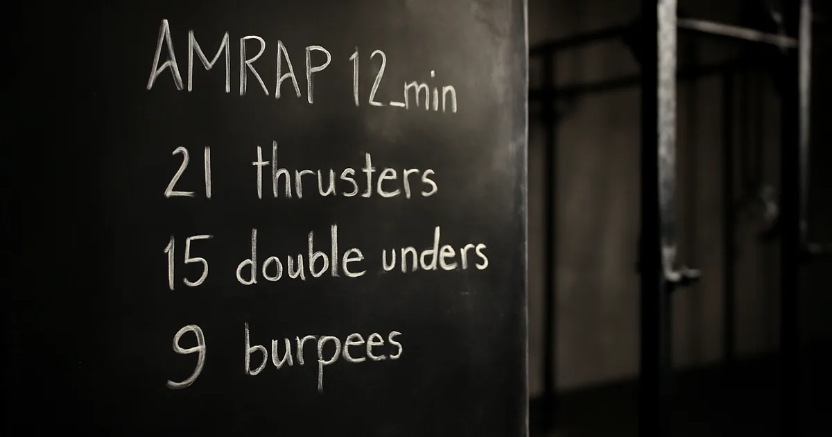 Tableau noir d'une box cross-training avec WOD écrit à la craie : AMRAP 20 thrusters 95lb