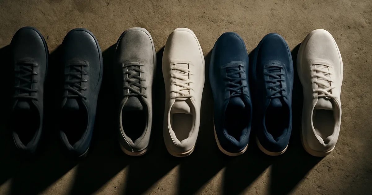 Cinq paires de chaussures de cross-training alignées sur sol béton brut : Reebok Nano X5, Nike Metcon 10, NOBULL Trainer+, TYR CXT-2, RAD ONE