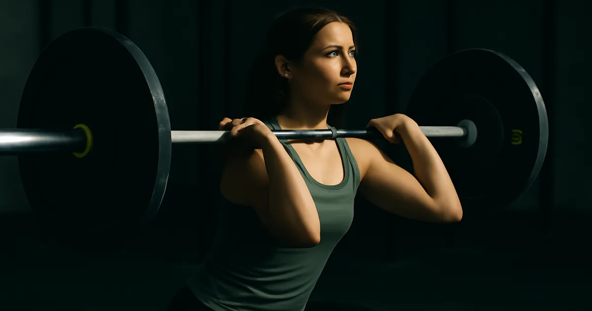 Athlète débutante en train d'exécuter un thruster avec barre légère, salle de cross-training en arrière-plan